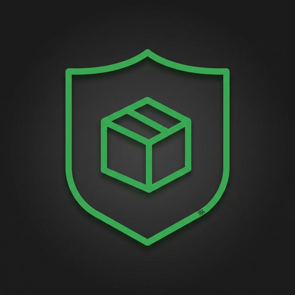 Shipping protection icon, a green outline of a shield with a shipping box inside on a dark background
