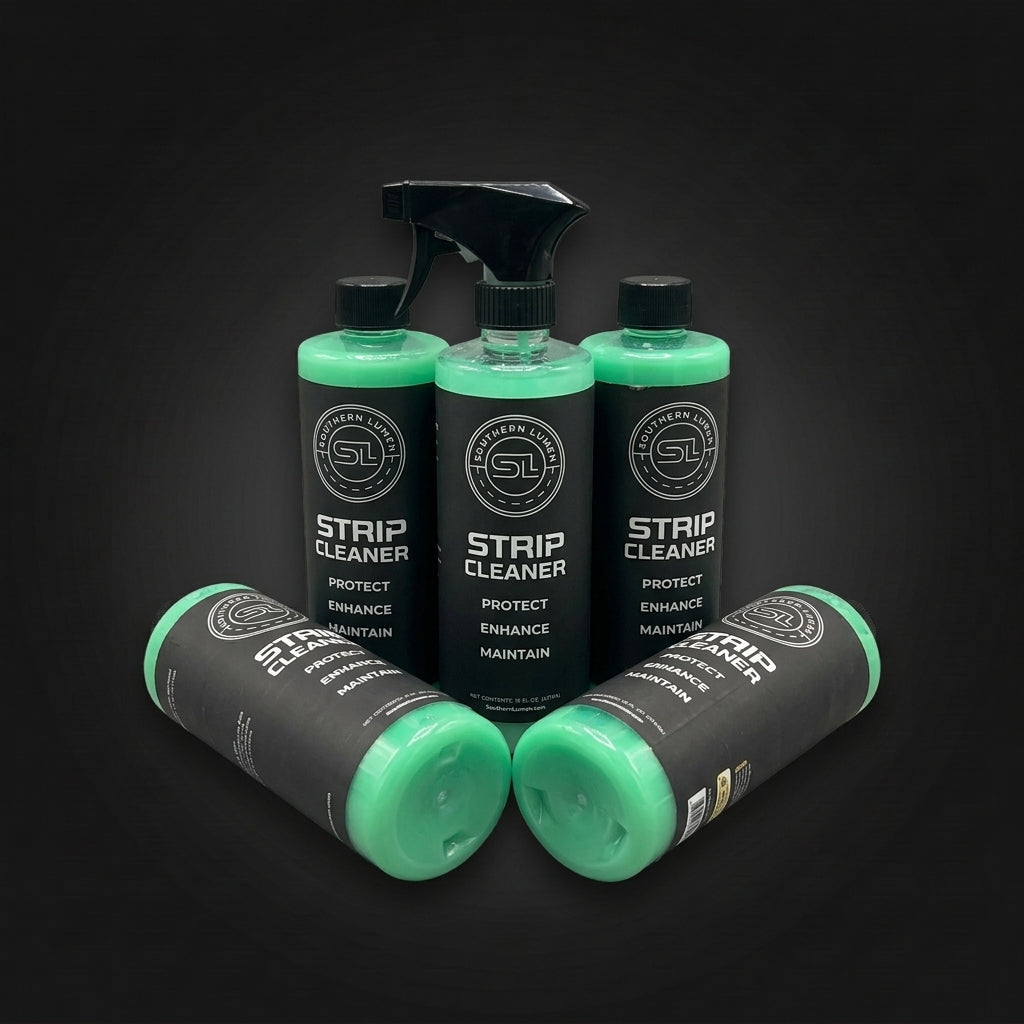 Five bottles of Strip Cleaner grouped on a dark background, three standing and two lying on their sides