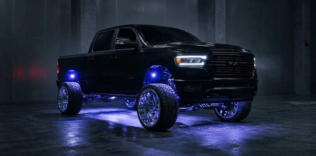 Off-brand white lights drifting blue on the same truck